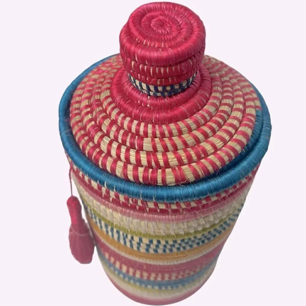 All Across Africa Handmade Colorful Woven Coil 11” Lidded Tassel Basket Canister